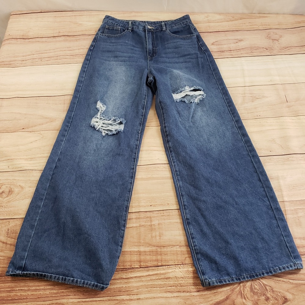 Shein Jeans Womens Large‎ Blue Straight Baggy High Denim Distressed Ladies 31x31